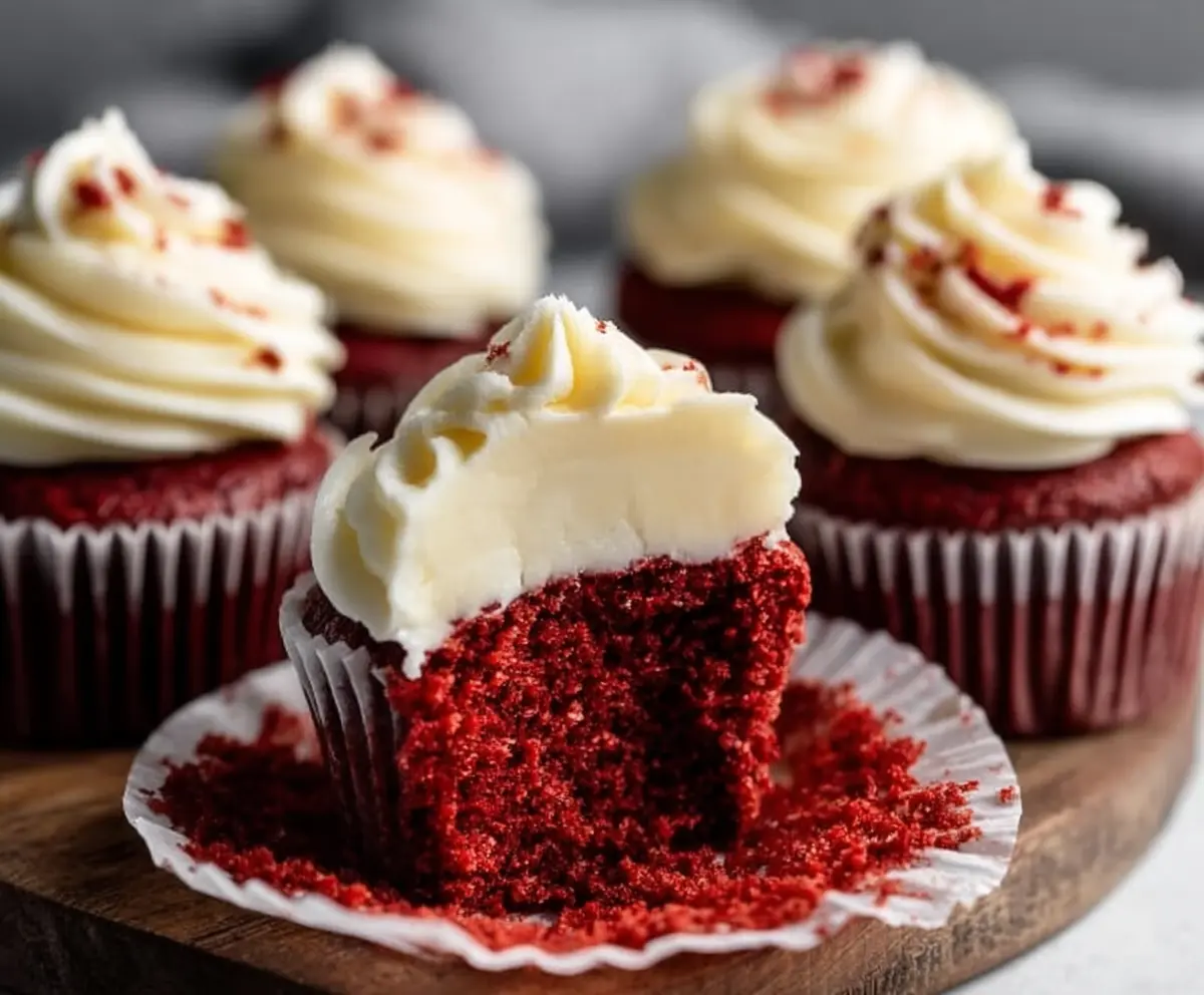 Delicious small batch red velvet cupcakes topped with cream cheese frosting for a perfect treat.