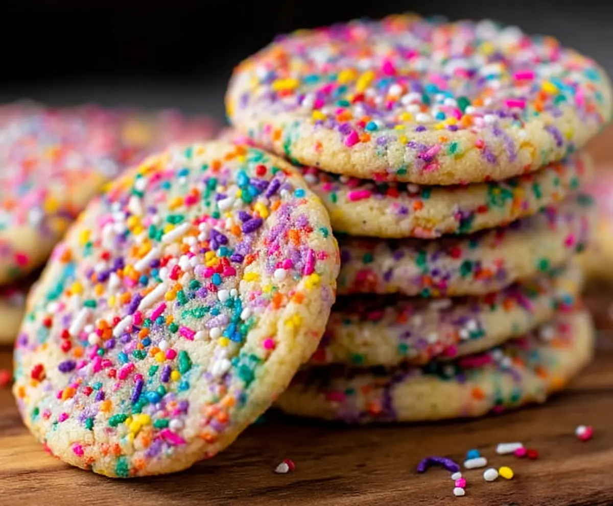 Delicious sprinkle cookies topped with colorful sprinkles on a baking sheet.