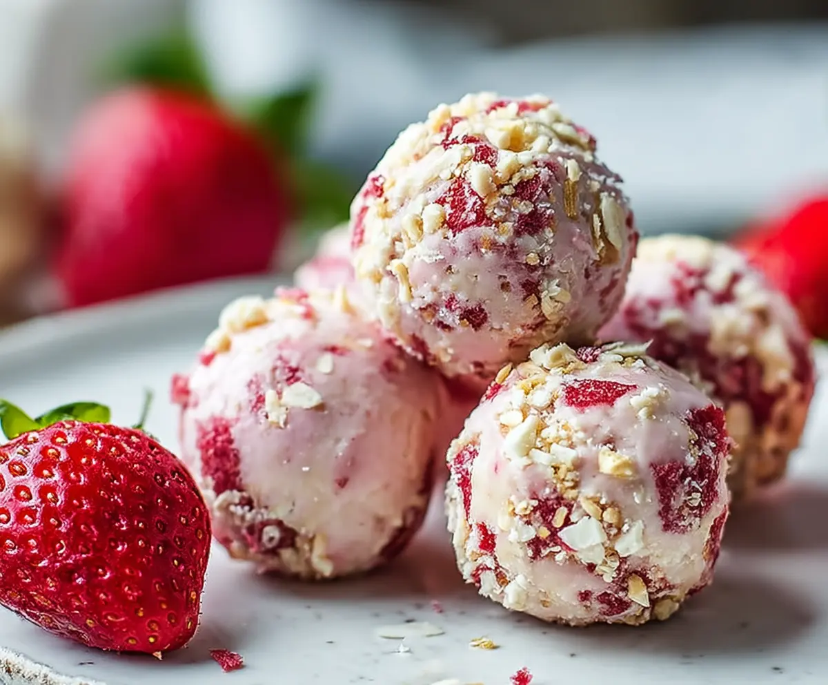 Delicious strawberry cheesecake protein balls on a plate, perfect healthy snack for fitness enthusiasts.