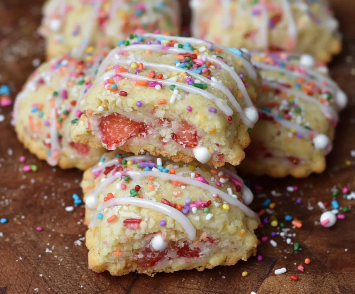 Delicious homemade strawberry Pop Tart cookies with vibrant red filling and golden crust.