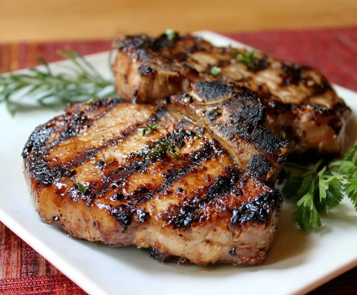 Juicy grilled hickory pork chops served with smoky flavors and crispy edges.