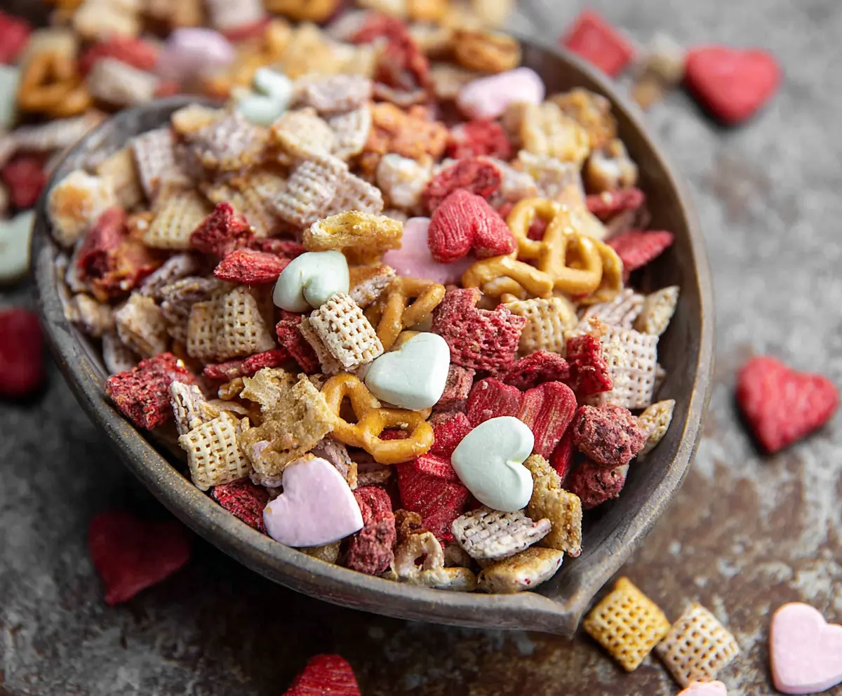 Colorful Valentine Chex Mix with festive pink, red, and white candies in a clear bowl.