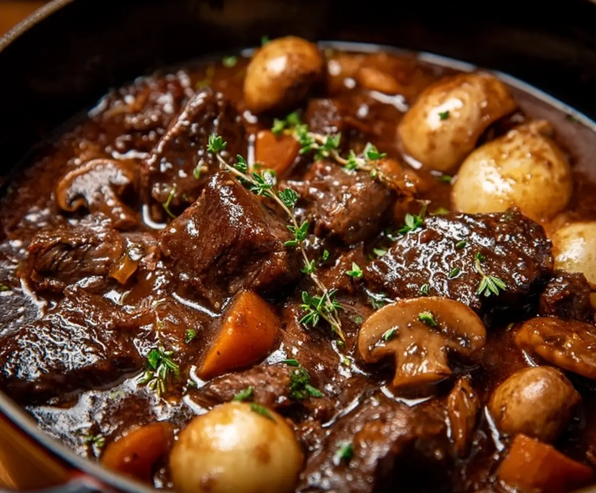 Delicious beef bourguignon with tender meat and rich red wine sauce served with vegetables.