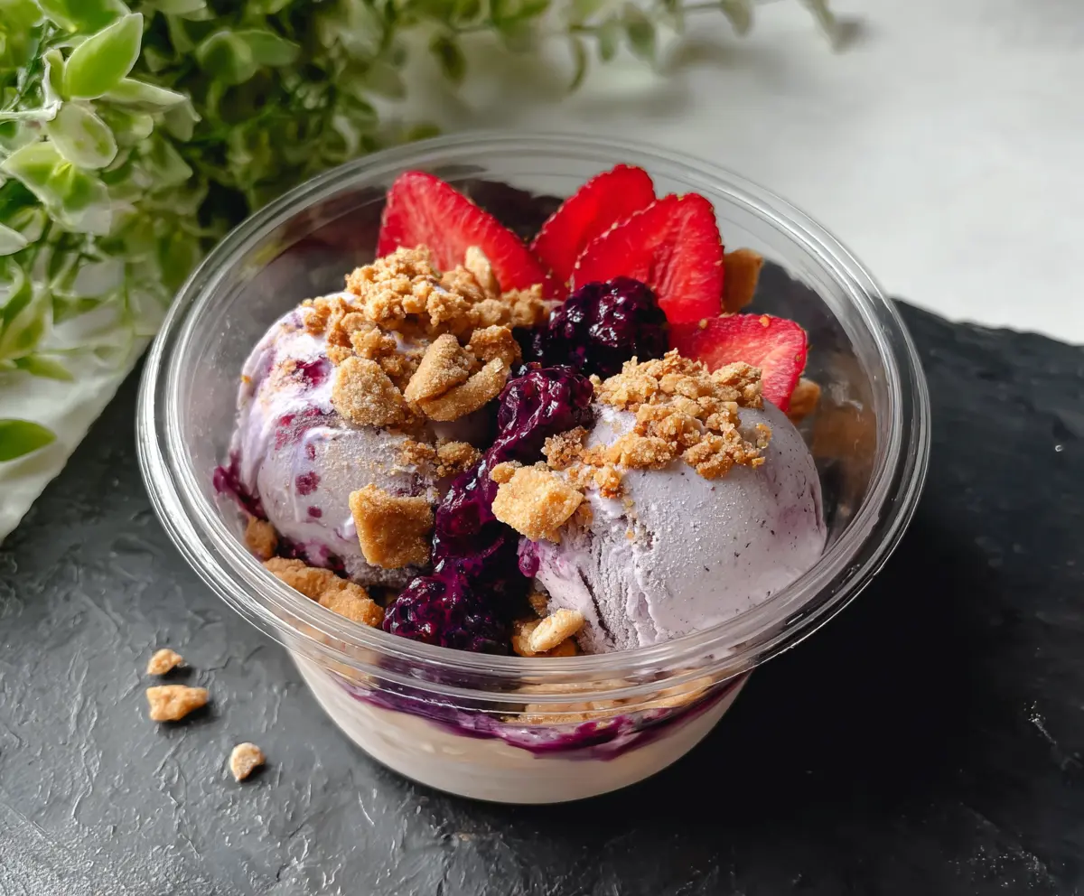 Delicious Berry Crumble Ice Cream topped with fresh berries and crunchy crumbles in a glass bowl.