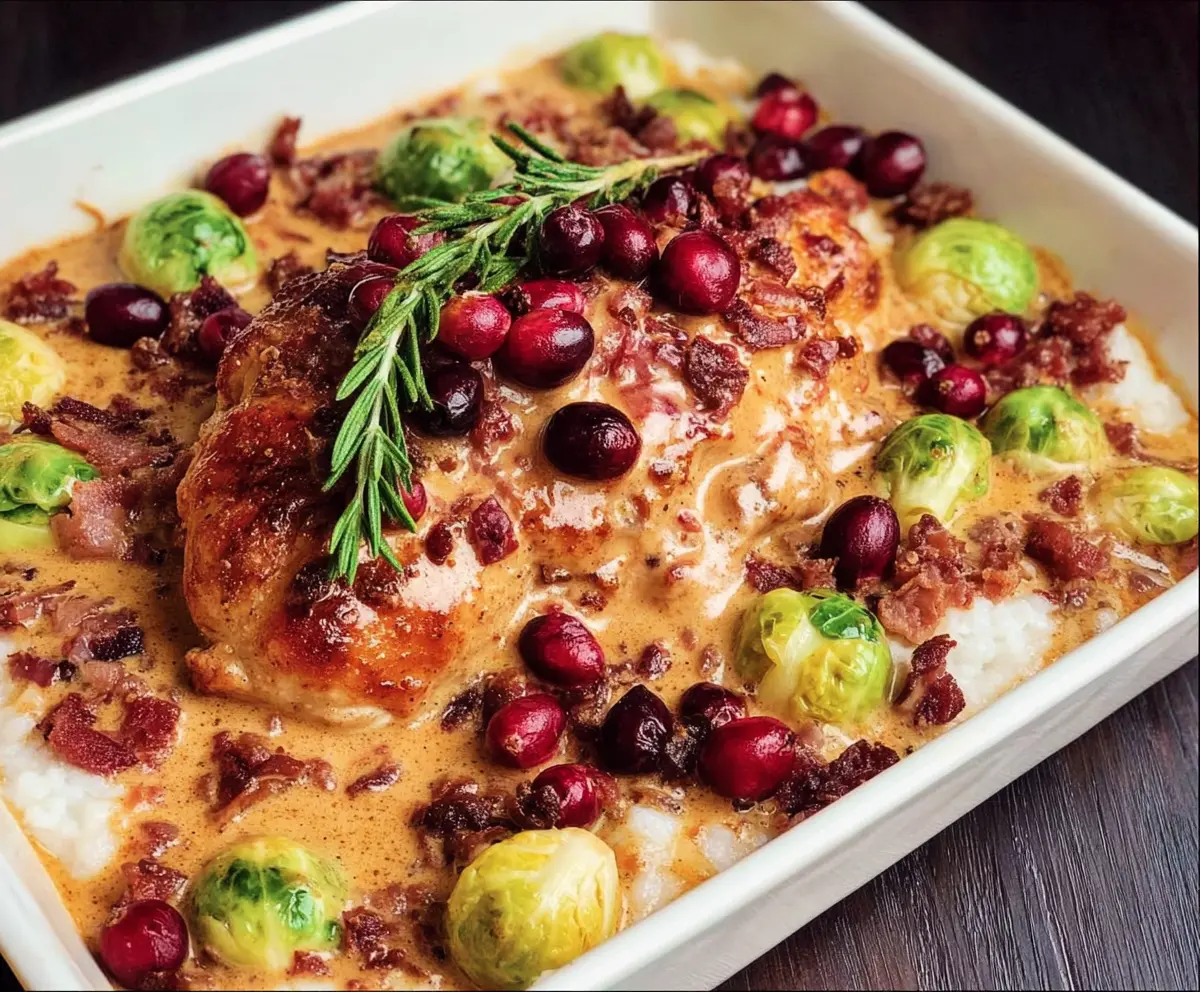 Delicious creamy cranberry chicken served on a plate with fresh herbs for a perfect meal.