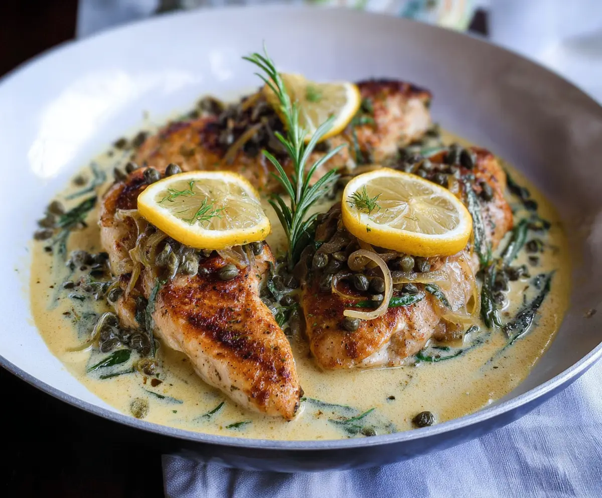 Delicious creamy lemon caper chicken garnished with fresh herbs on a white plate.