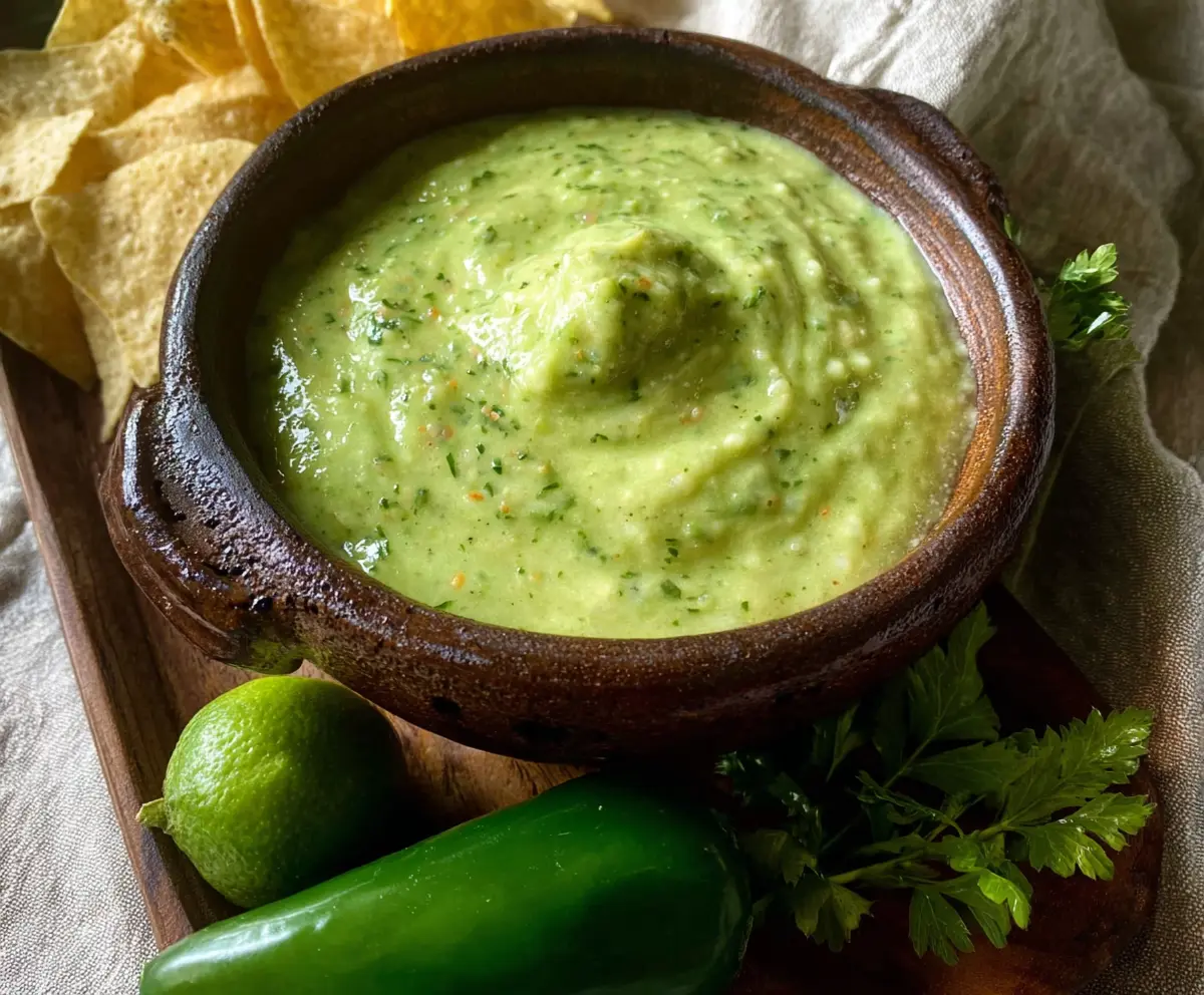 Creamy tomatillo and avocado salsa in a bowl, perfect for dipping or topping dishes.