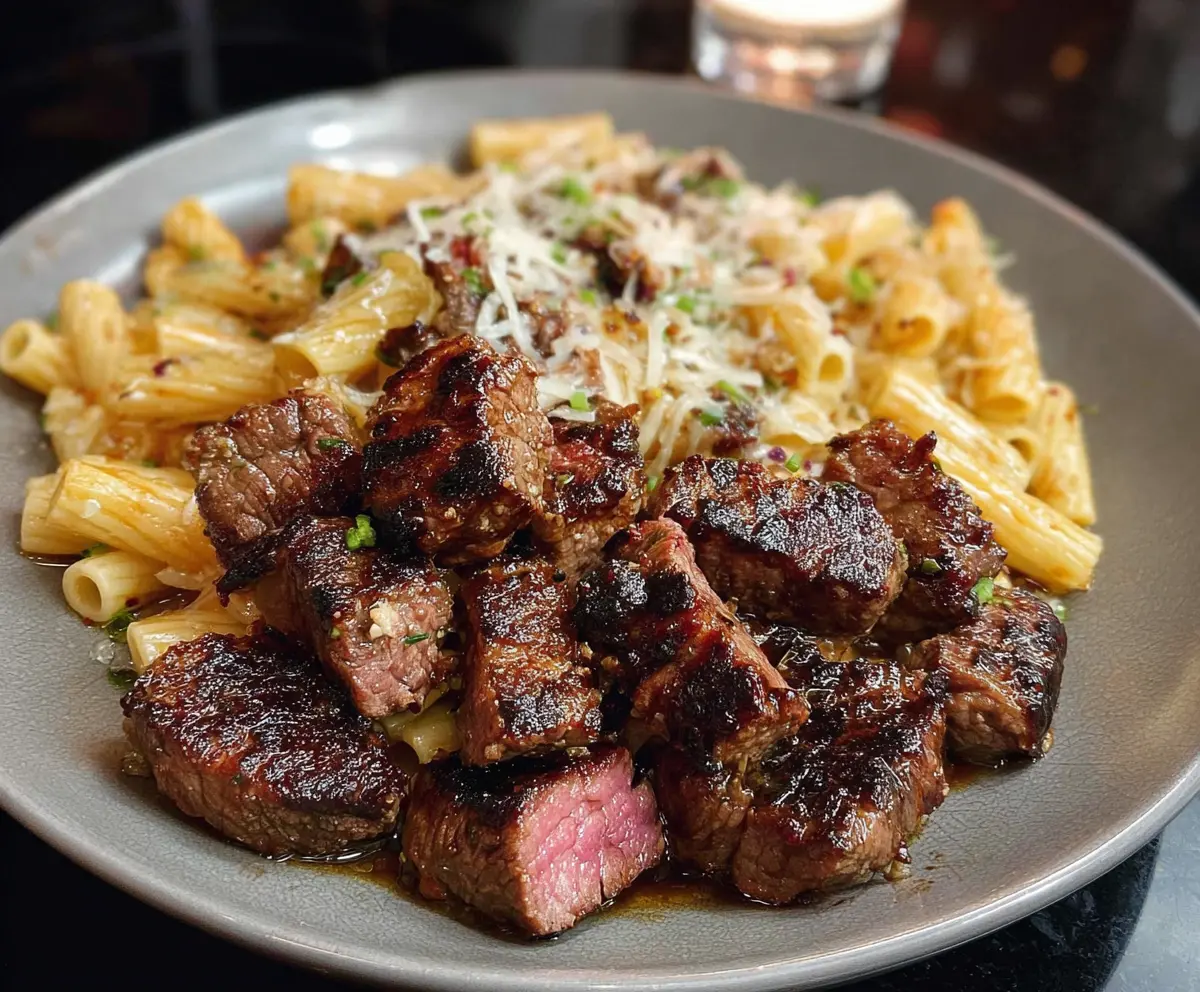 Garlic Butter Steak Bites with Cheesy Mozzarella Rigatoni