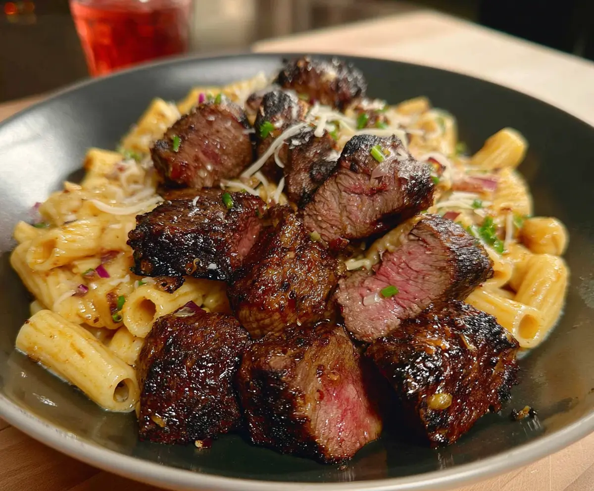 Delicious garlic butter steak bites served with cheesy mozzarella rigatoni on a dinner plate.