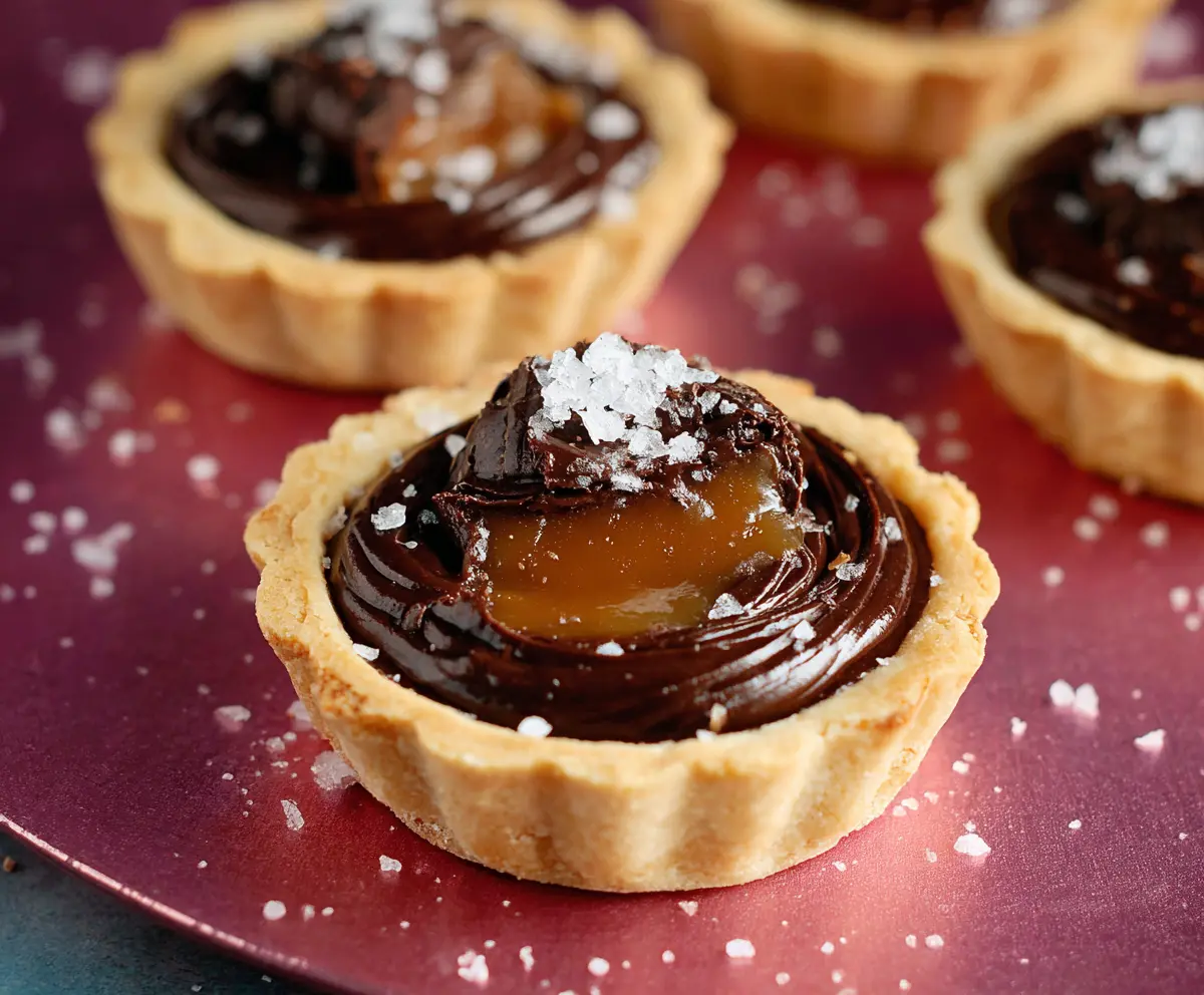 Delicious gluten-free dark chocolate caramel tart garnished with sea salt on a rustic plate.