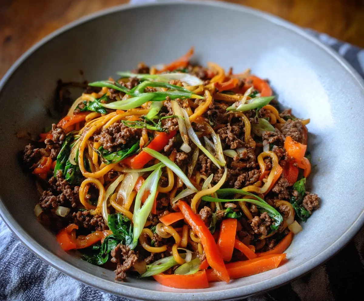 Delicious Ground Beef Chow Mein served on a plate, perfect for Whole30 diet.