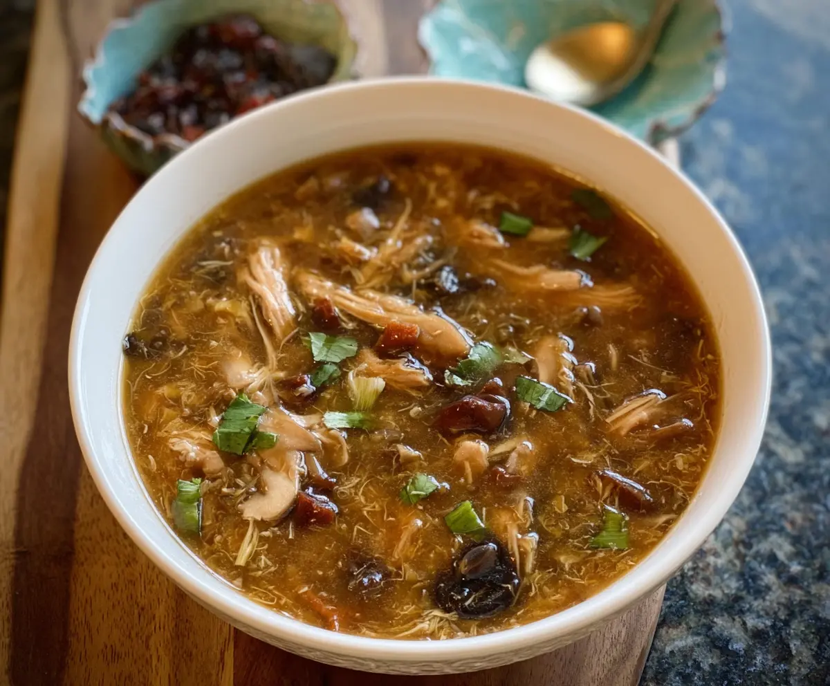 Delicious hot and sour chicken soup served in a bowl, showcasing fresh vegetables and shredded chicken for a comforting meal.
