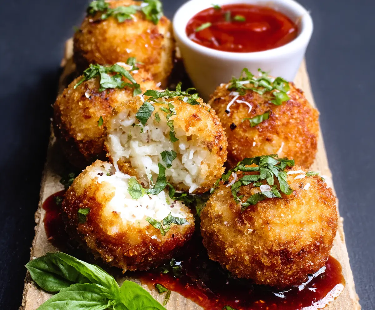 Delicious Italian Rice Balls garnished with fresh herbs on a rustic plate