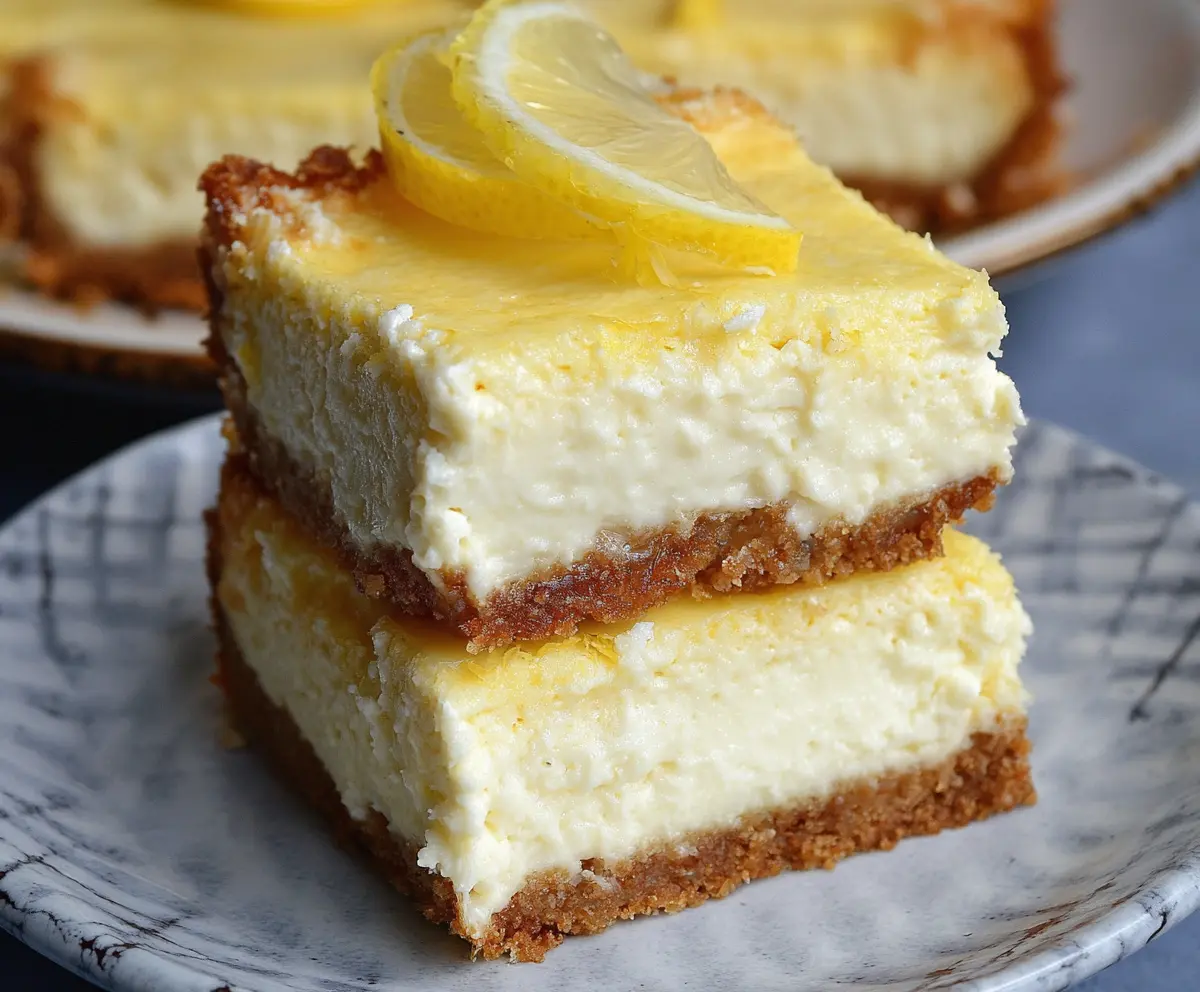 Keto Lemon Cheesecake Bars with a creamy lemon topping on a rustic plate