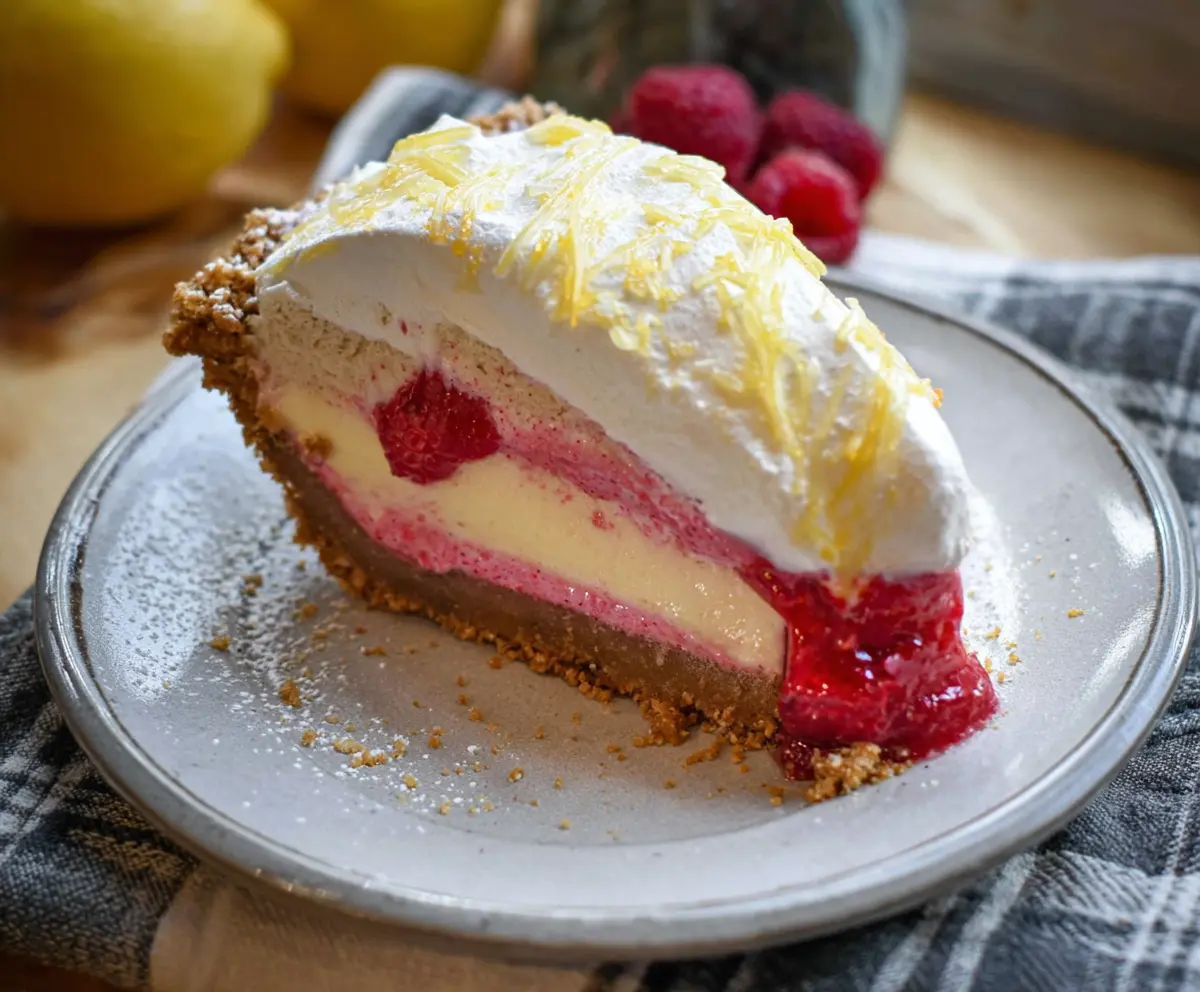 Delicious Lemon Raspberry Pie with a golden crust and fresh berry topping