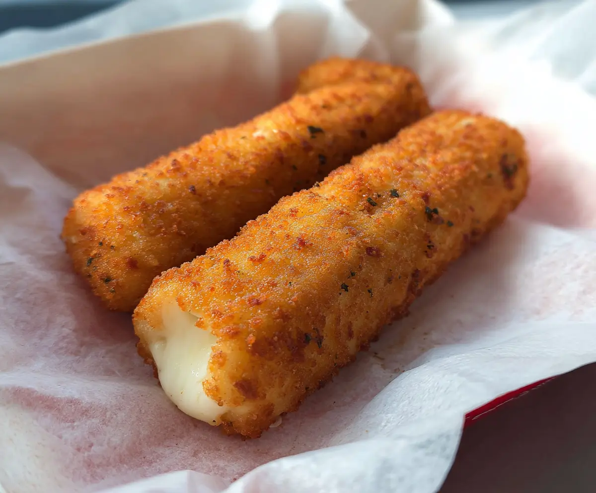 Crispy mozzarella sticks served with marinara sauce on a white plate.