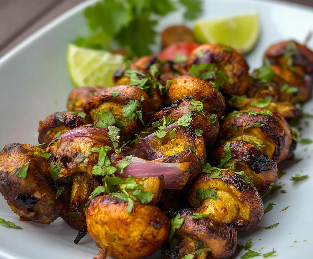 Delicious mushroom tikka skewers grilled to perfection, served with fresh herbs.