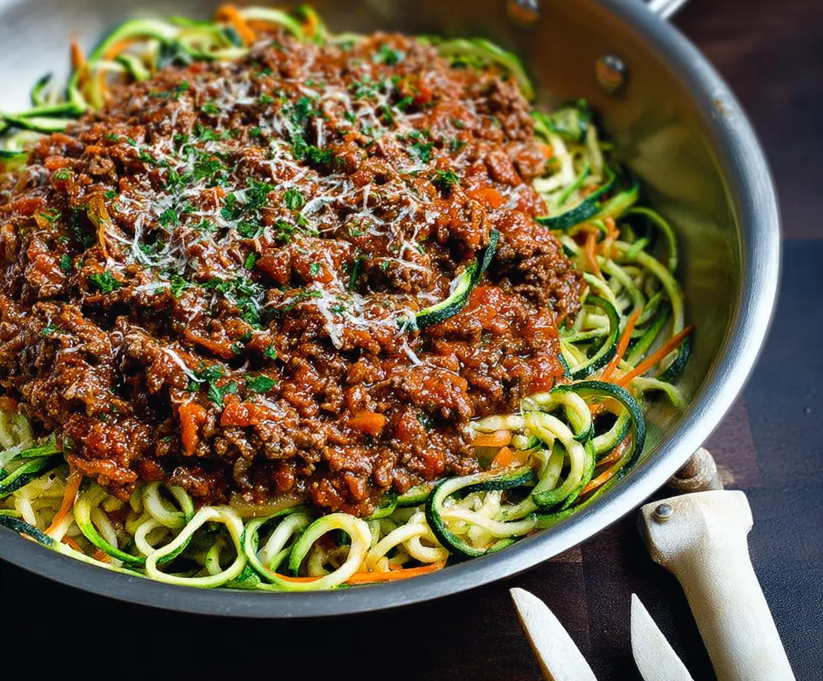 Close-up of Nightshade Free Beef Ragu served over zucchini noodles, highlighting a healthy gluten-free pasta alternative.