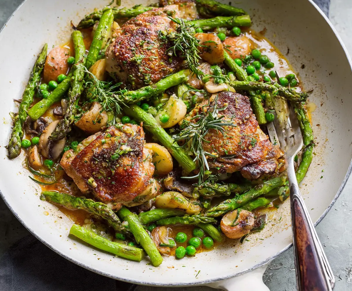 Delicious pan-roasted chicken thighs served with fresh spring vegetables on a rustic plate.
