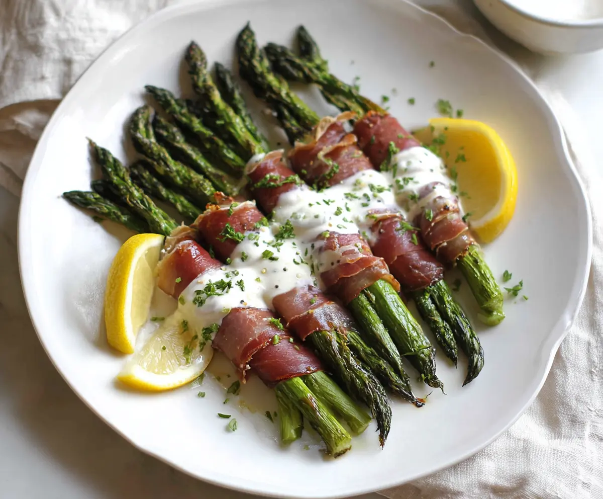 Delicious prosciutto-wrapped asparagus spears served with a zesty lemon cream sauce, perfect for appetizers.