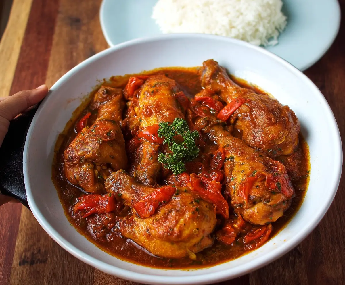 Delicious Red Stew Chicken with vibrant sauce and fresh herbs