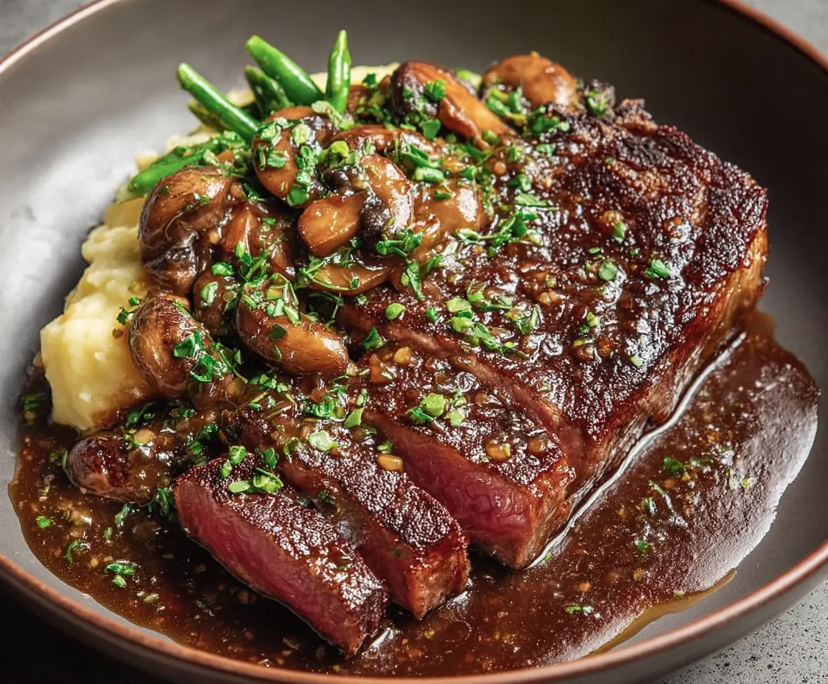 Juicy ribeye steak topped with savory roasted garlic pan sauce on a serving plate.