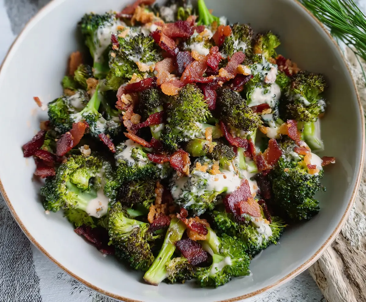 Delicious roasted broccoli bacon crunch salad in a bowl ready to serve