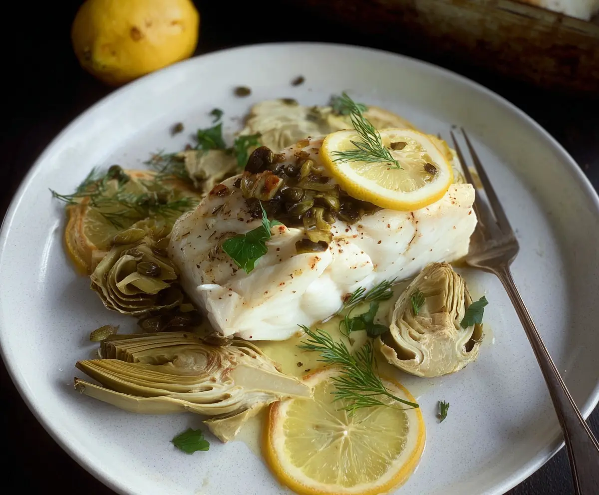 Delicious roasted halibut with artichokes and lemon on a serving plate, perfect for a healthy seafood dish.