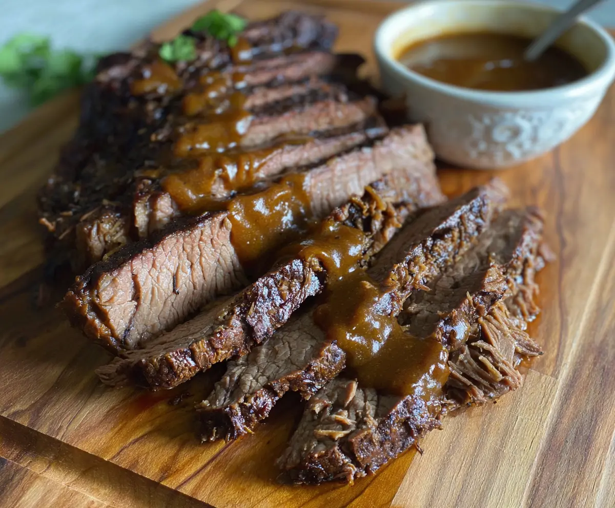 Delicious slow cooker brisket with tender, juicy meat and flavorful seasoning.
