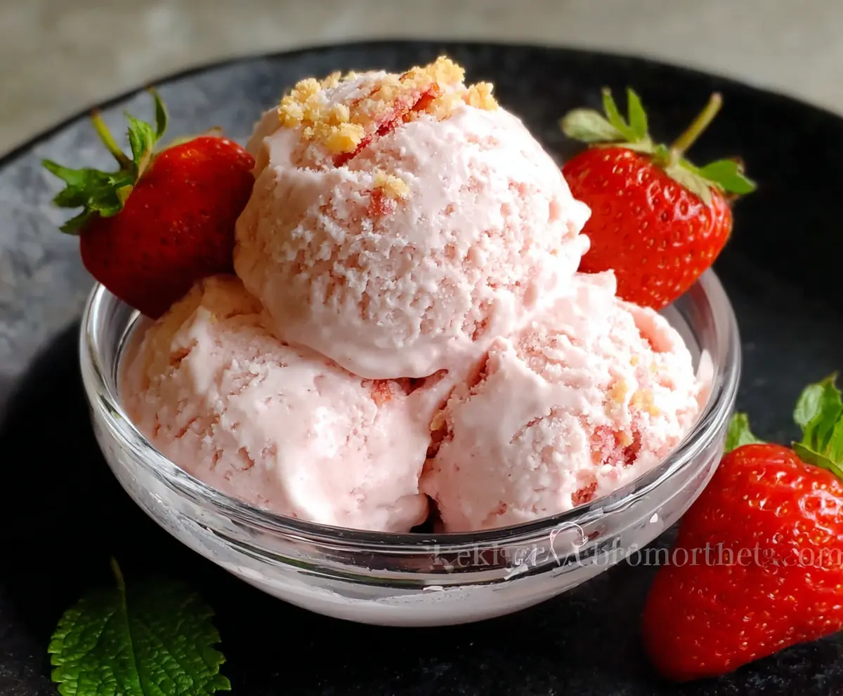 Delicious Strawberry Cottage Cheese Ice Cream served in a glass bowl, highlighting its creamy texture and fresh strawberry toppings.