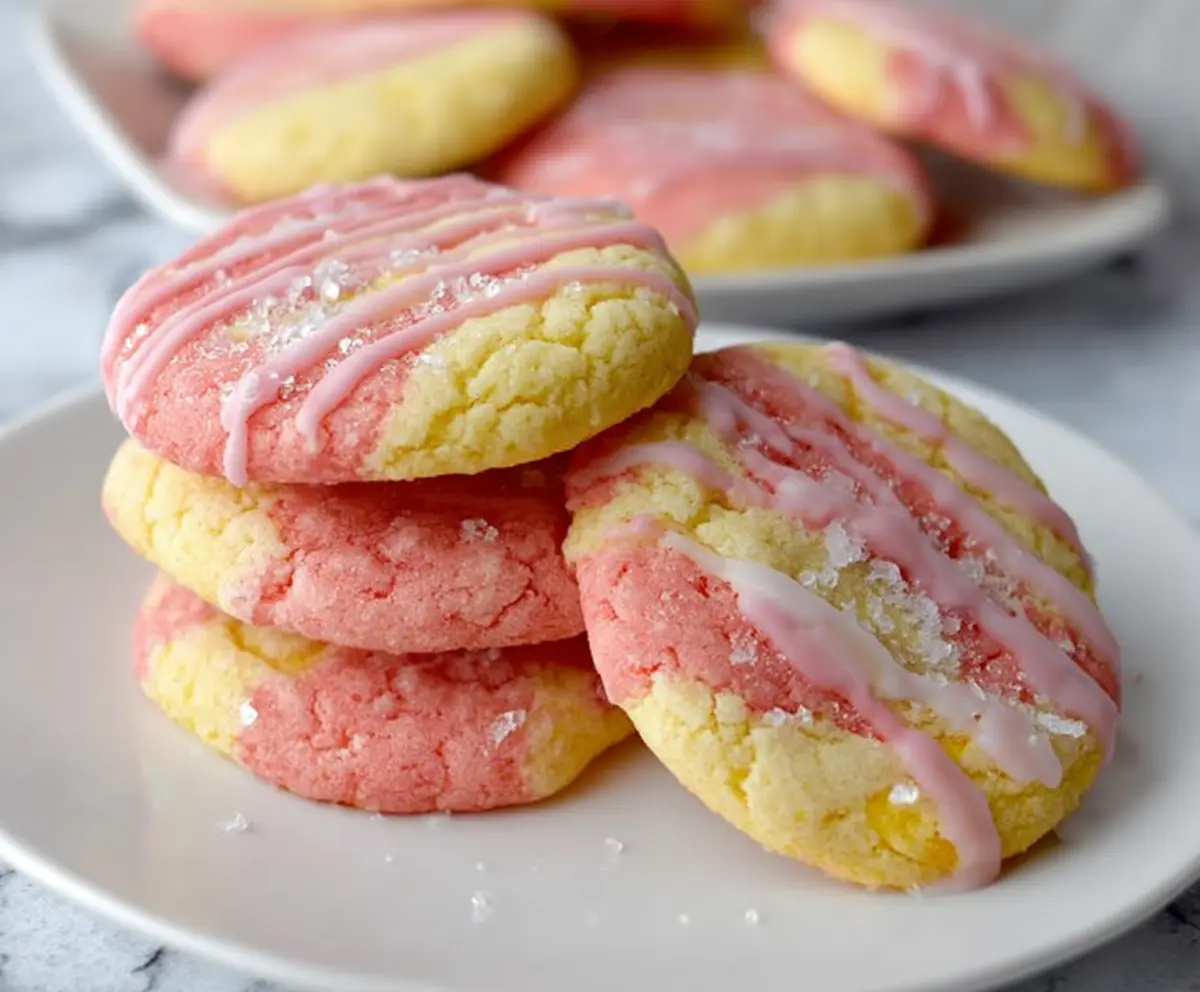 Freshly baked strawberry lemonade cookies on a cooling rack, showcasing vibrant red berries and zesty lemon slices.