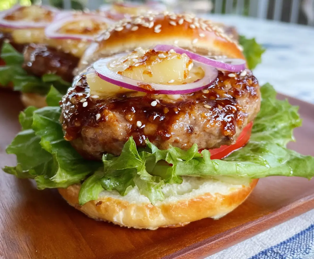 Juicy Teriyaki Chicken Burgers topped with fresh lettuce and sesame seeds on a white plate.