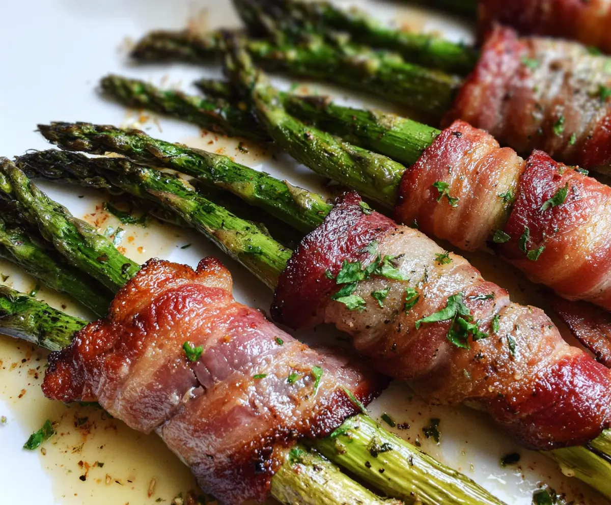 Delicious Whole30 bacon wrapped asparagus on a white plate, perfect for healthy appetizers