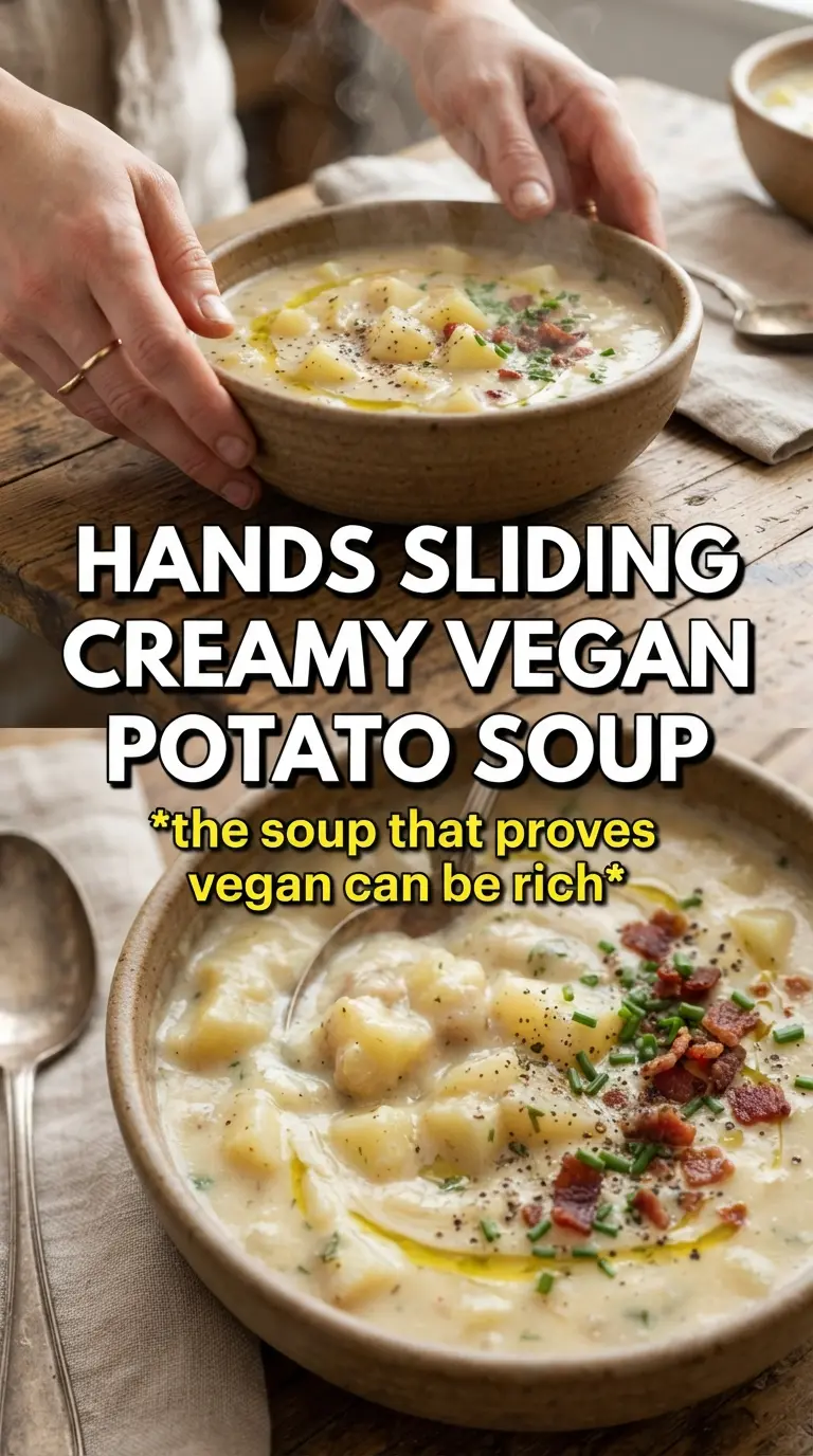 Creamy Vegan Potato Soup silky golden bowl with chickpeas and chives